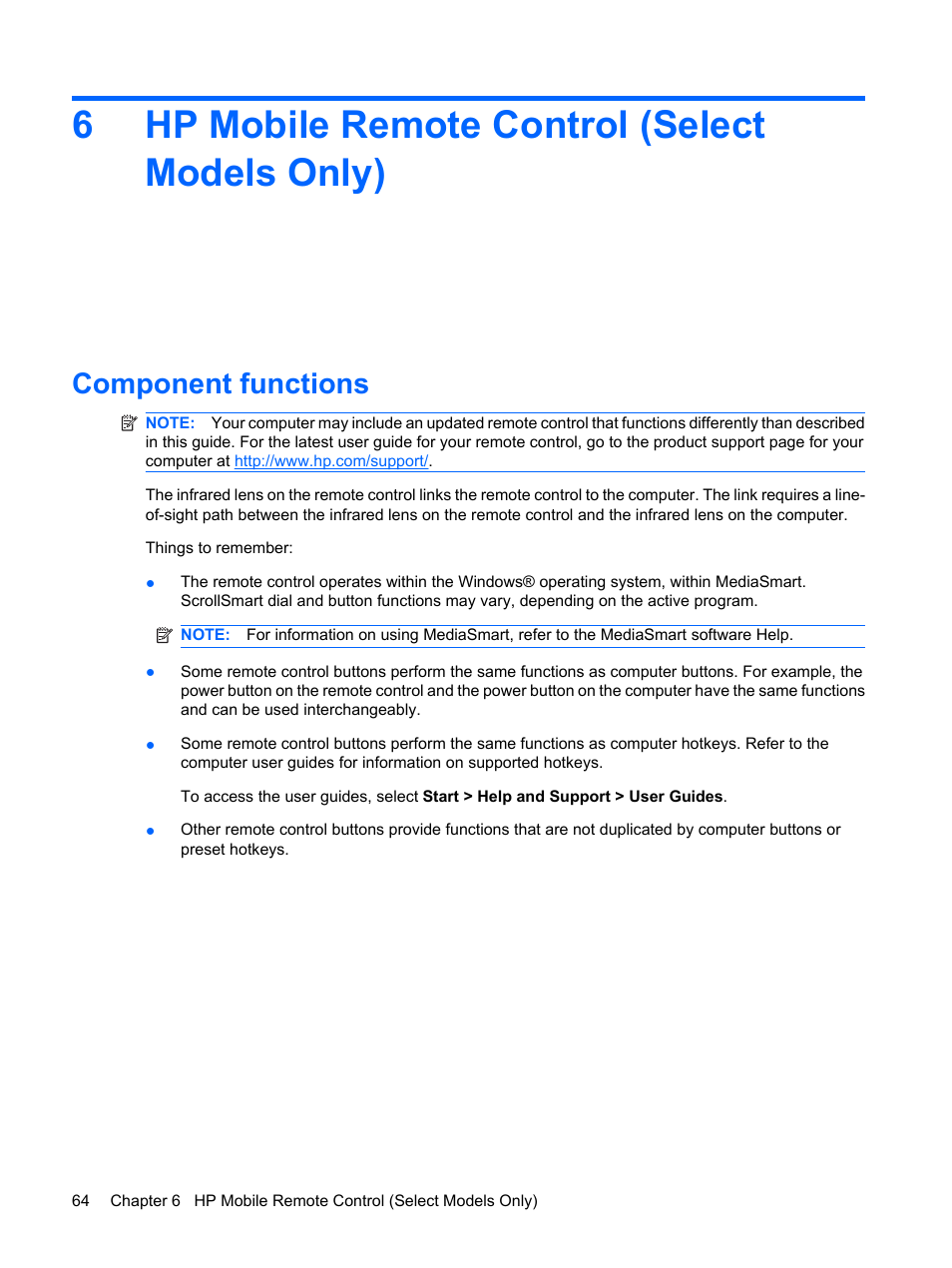 Hp mobile remote control (select models only), Component functions, 6 hp mobile remote control (select models only) | 6hp mobile remote control (select models only) | HP Pavilion dv4-2116tx Entertainment Notebook PC User Manual | Page 76 / 167