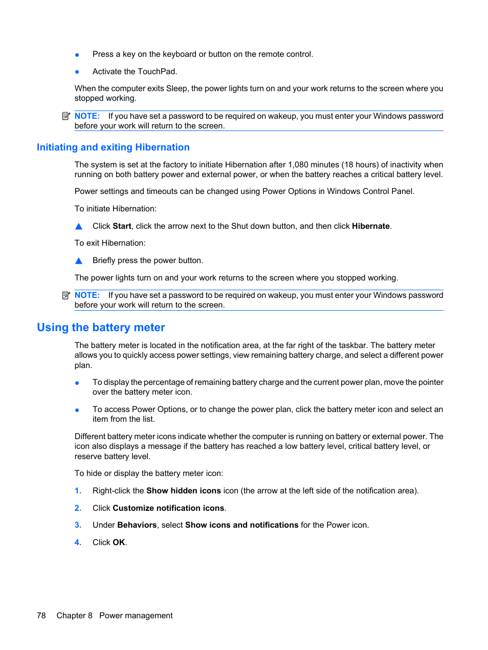 Initiating and exiting hibernation, Using the battery meter | HP Pavilion dv4-2116tx Entertainment Notebook PC User Manual | Page 90 / 167