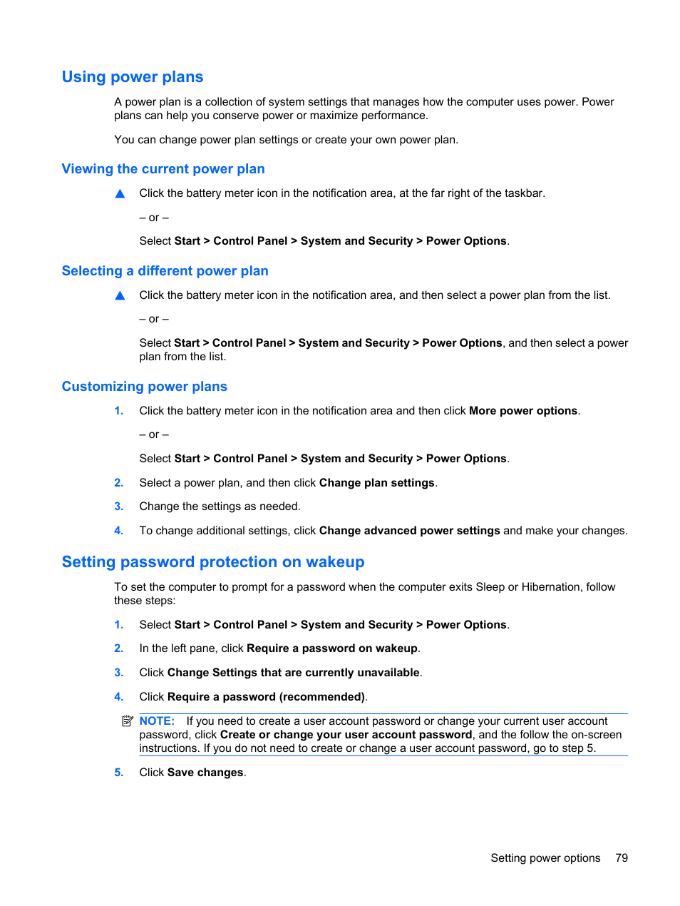 Using power plans, Viewing the current power plan, Selecting a different power plan | Customizing power plans, Setting password protection on wakeup | HP Pavilion dv4-2116tx Entertainment Notebook PC User Manual | Page 91 / 167