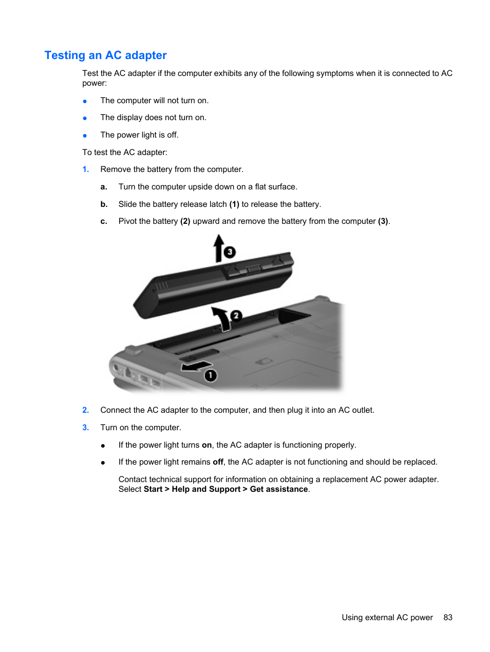 Testing an ac adapter | HP Pavilion dv4-2116tx Entertainment Notebook PC User Manual | Page 95 / 167