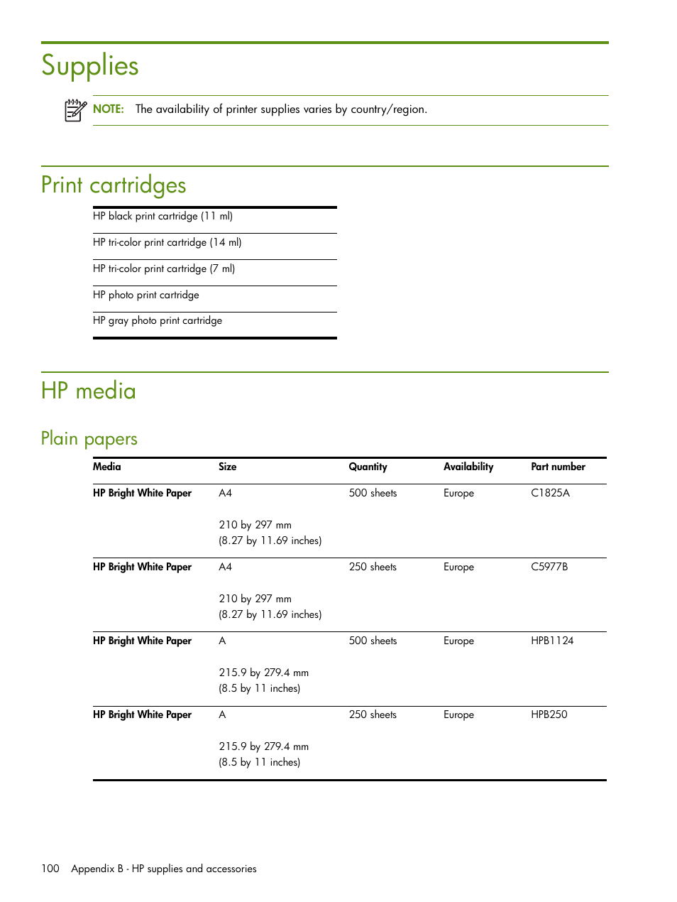 Supplies, Print cartridges, Hp media | Print cartridges hp media, Plain papers | HP Deskjet 460cb Mobile Printer User Manual | Page 100 / 132
