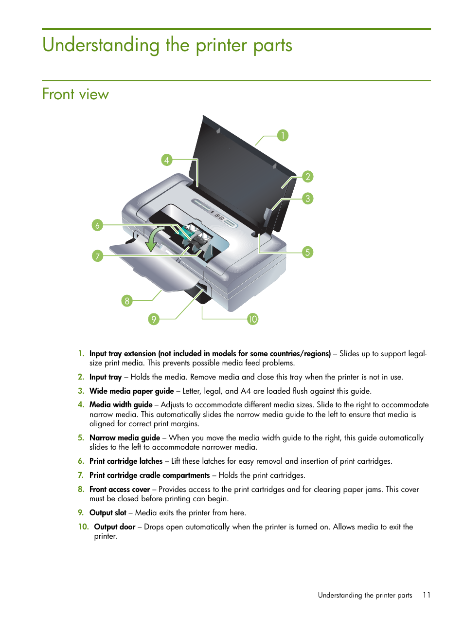 Understanding the printer parts, Front view | HP Deskjet 460cb Mobile Printer User Manual | Page 11 / 132