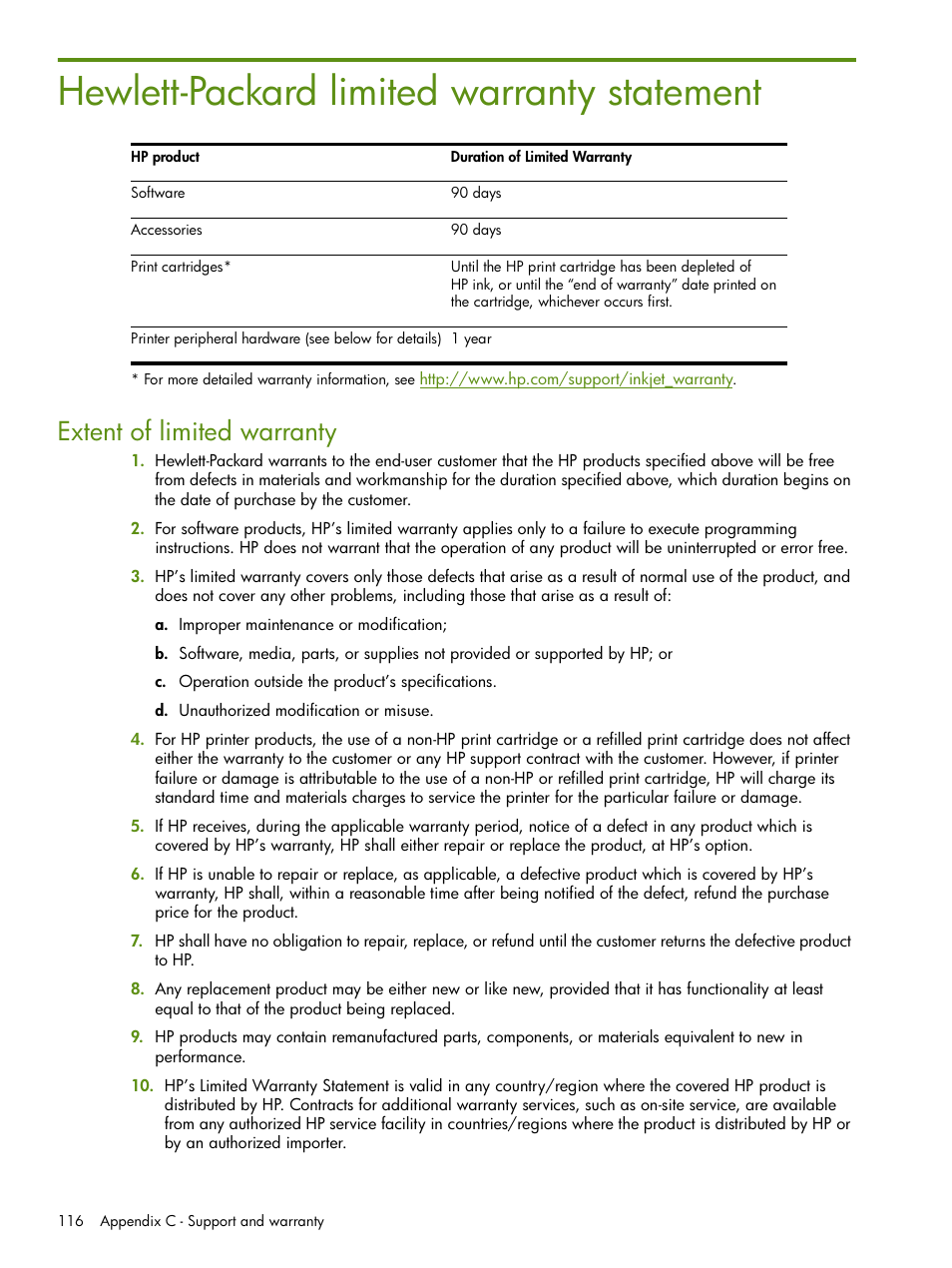 Hewlett-packard limited warranty statement, Extent of limited warranty | HP Deskjet 460cb Mobile Printer User Manual | Page 116 / 132