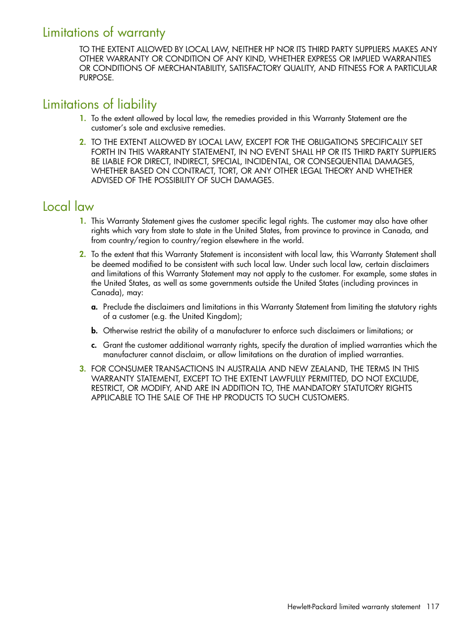 Limitations of warranty, Limitations of liability, Local law | HP Deskjet 460cb Mobile Printer User Manual | Page 117 / 132