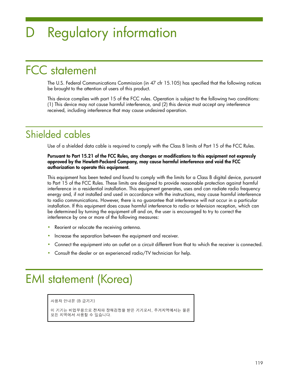 Regulatory information, Fcc statement, Shielded cables | Emi statement (korea), D regulatory information, Fcc statement emi statement (korea) | HP Deskjet 460cb Mobile Printer User Manual | Page 119 / 132