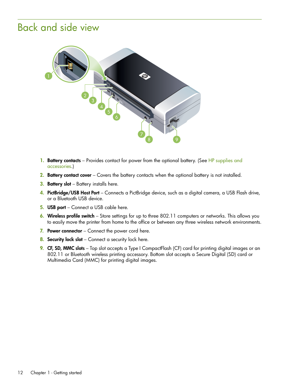Back and side view | HP Deskjet 460cb Mobile Printer User Manual | Page 12 / 132