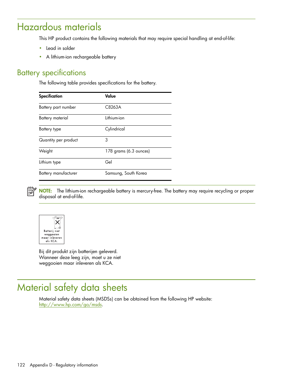 Hazardous materials, Material safety data sheets, Hazardous materials material safety data sheets | Battery specifications | HP Deskjet 460cb Mobile Printer User Manual | Page 122 / 132