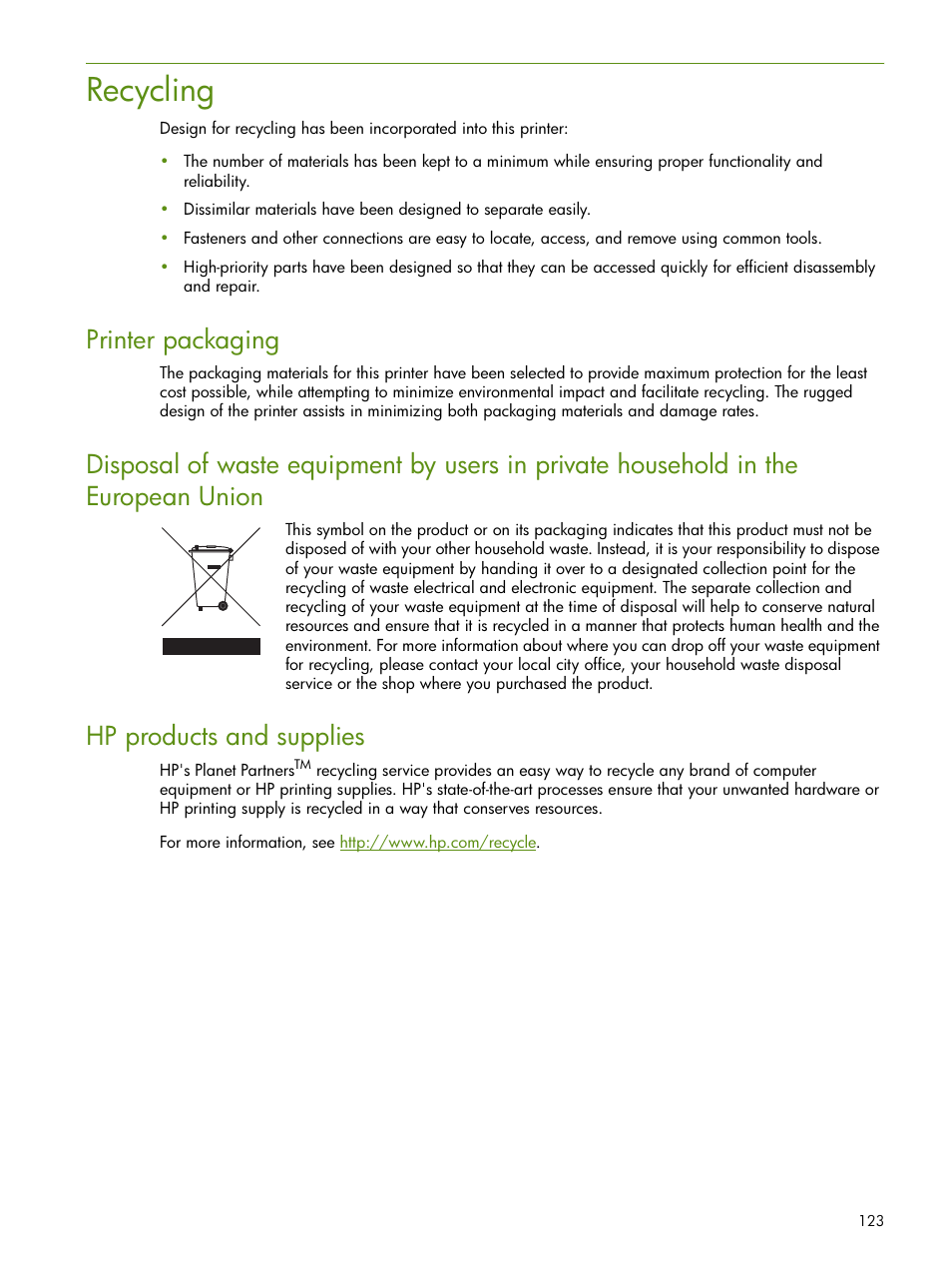 Recycling, Printer packaging, Hp products and supplies | HP Deskjet 460cb Mobile Printer User Manual | Page 123 / 132