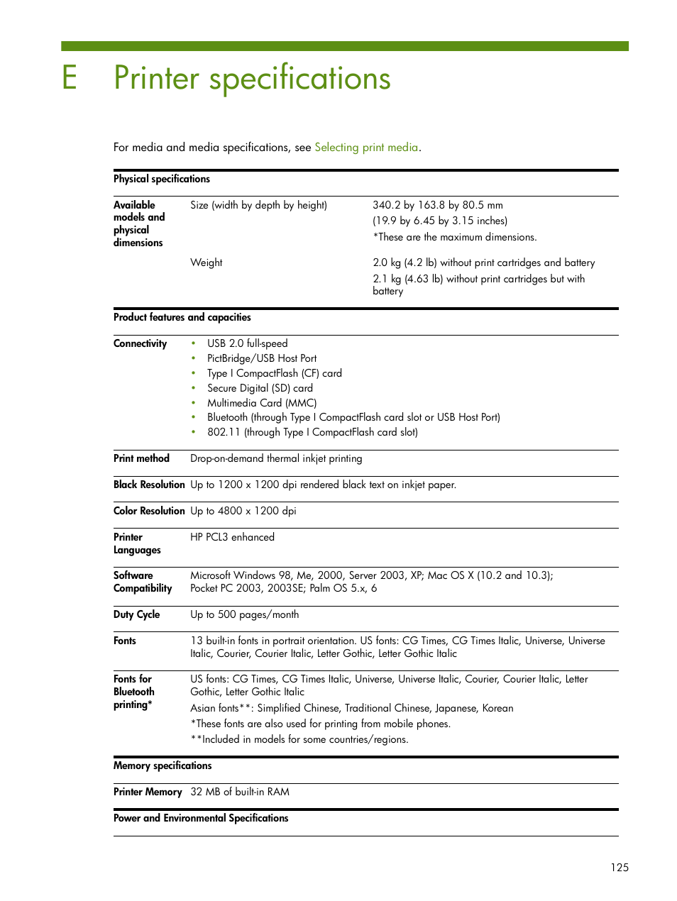 Printer specifications, E printer specifications, Printer | Specifications, Eprinter specifications | HP Deskjet 460cb Mobile Printer User Manual | Page 125 / 132