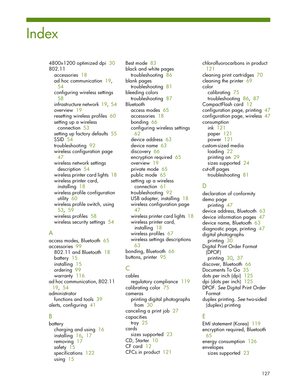 Index | HP Deskjet 460cb Mobile Printer User Manual | Page 127 / 132
