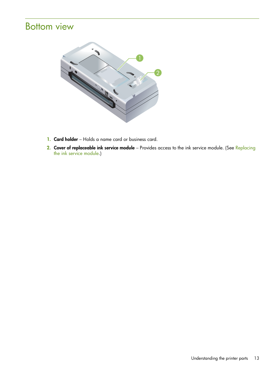 Bottom view | HP Deskjet 460cb Mobile Printer User Manual | Page 13 / 132