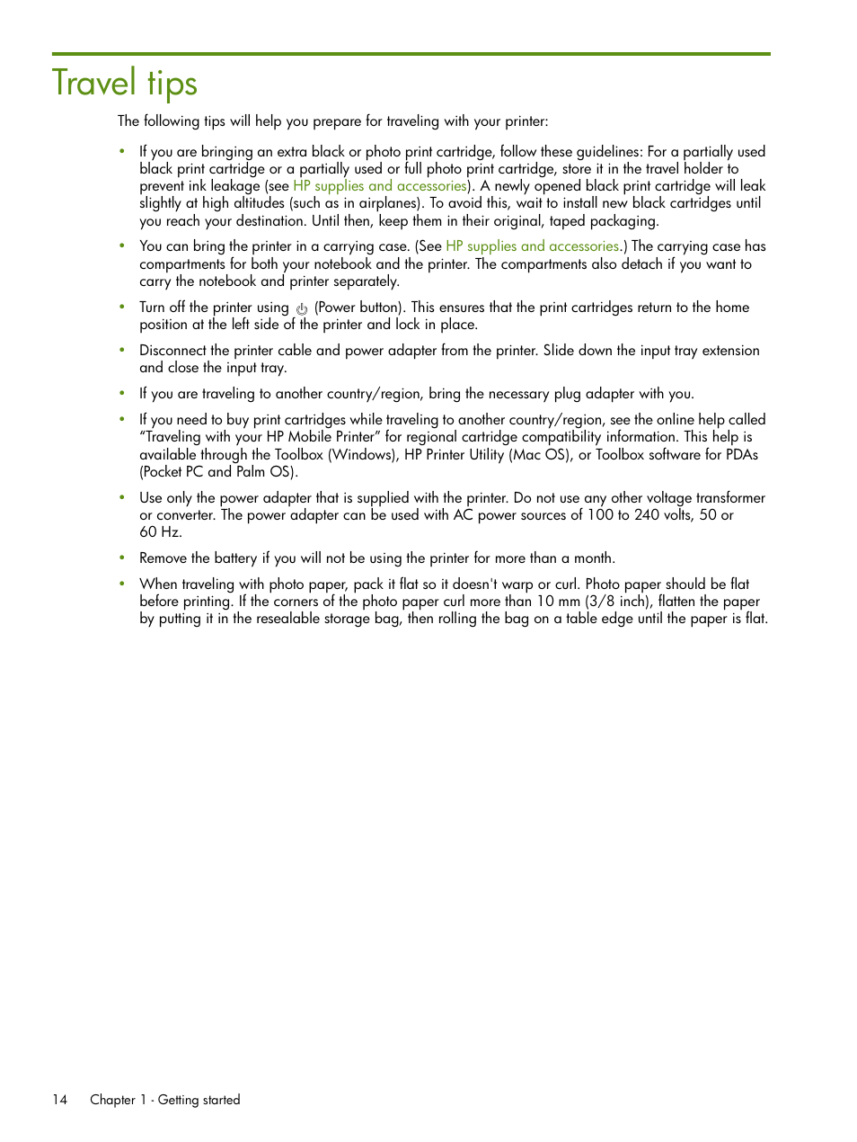 Travel tips | HP Deskjet 460cb Mobile Printer User Manual | Page 14 / 132