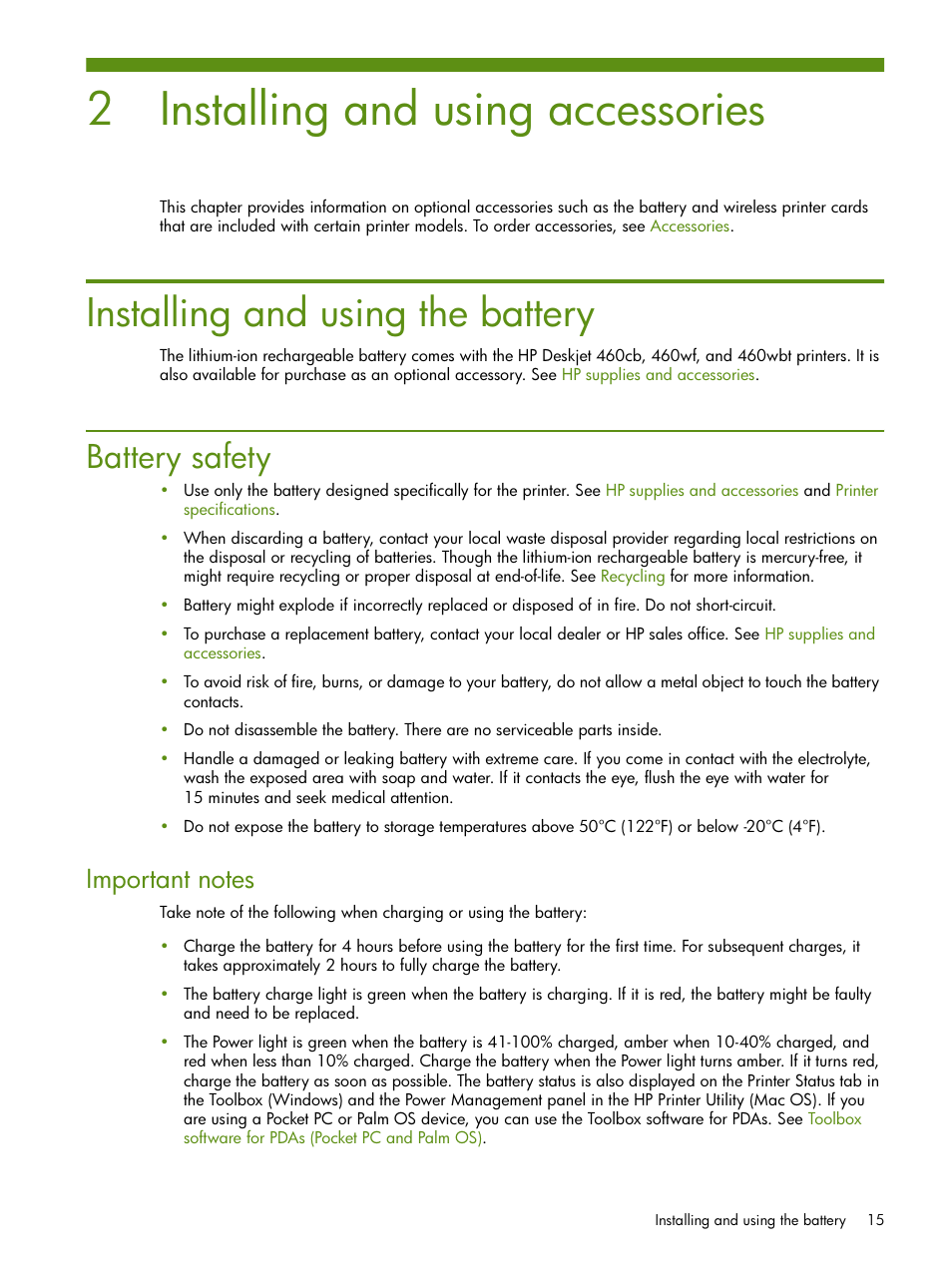 Installing and using accessories, Installing and using the battery, Battery safety | 2 installing and using accessories | HP Deskjet 460cb Mobile Printer User Manual | Page 15 / 132