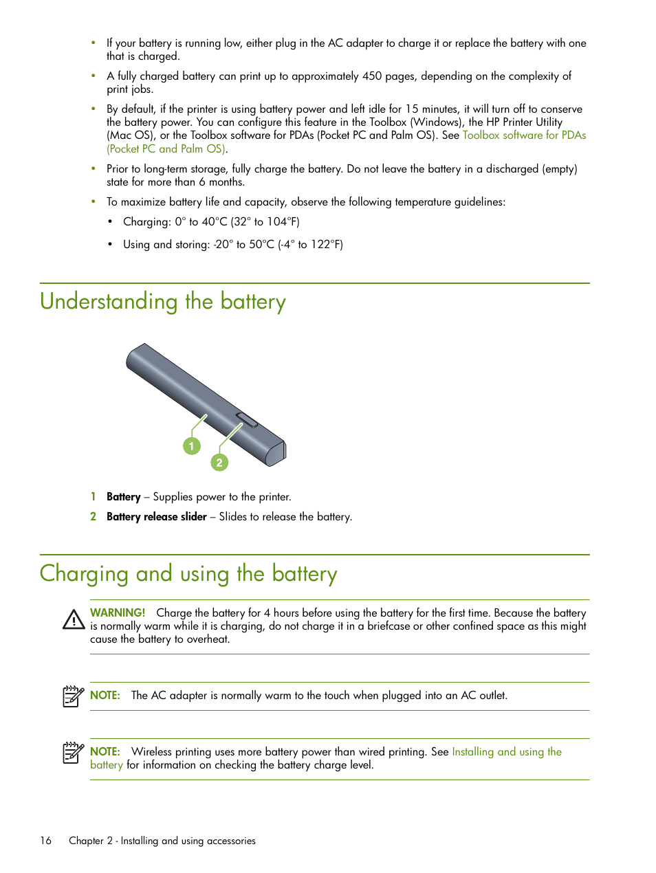 Understanding the battery, Charging and using the battery | HP Deskjet 460cb Mobile Printer User Manual | Page 16 / 132