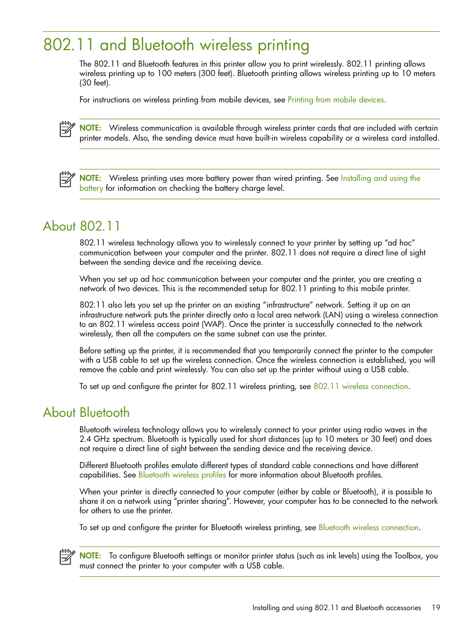 11 and bluetooth wireless printing, About bluetooth | HP Deskjet 460cb Mobile Printer User Manual | Page 19 / 132