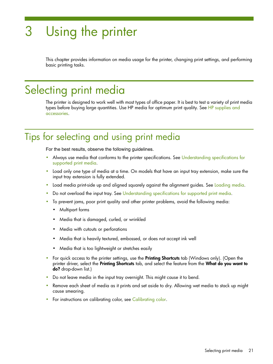 Using the printer, Selecting print media, Tips for selecting and using print media | 3 using the printer | HP Deskjet 460cb Mobile Printer User Manual | Page 21 / 132