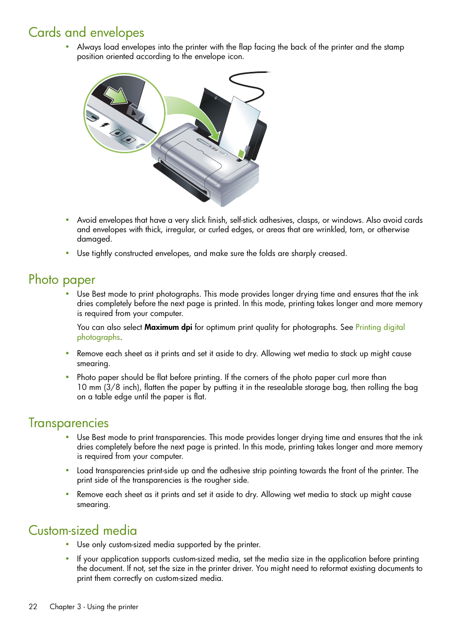 Cards and envelopes, Photo paper, Transparencies | Custom-sized media | HP Deskjet 460cb Mobile Printer User Manual | Page 22 / 132