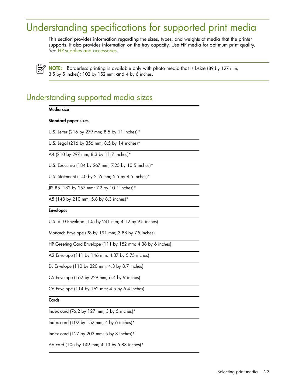 Understanding specifications for, Supported print media, Understanding supported media sizes | HP Deskjet 460cb Mobile Printer User Manual | Page 23 / 132