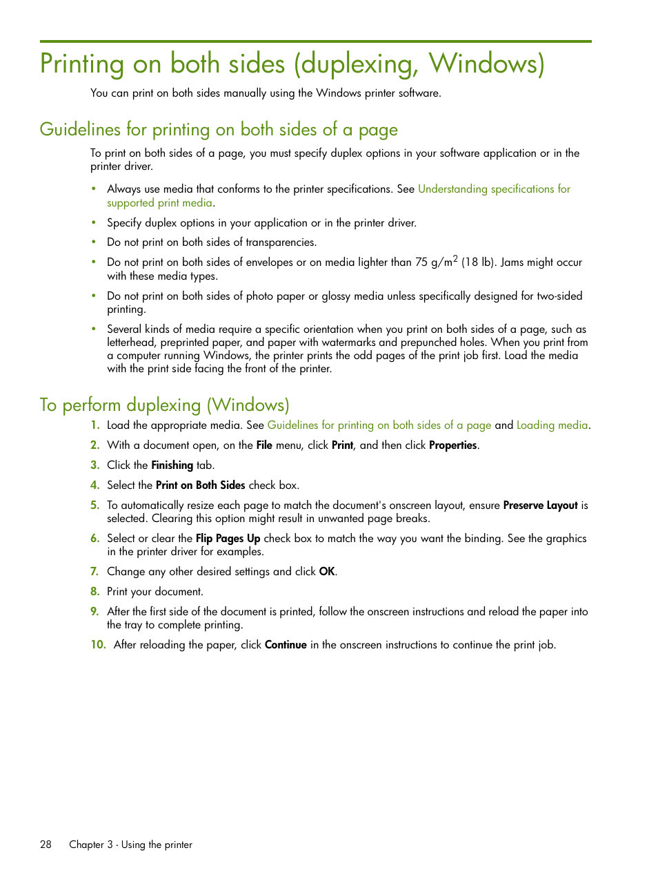 Printing on both sides (duplexing, windows), Guidelines for printing on both sides of a page | HP Deskjet 460cb Mobile Printer User Manual | Page 28 / 132