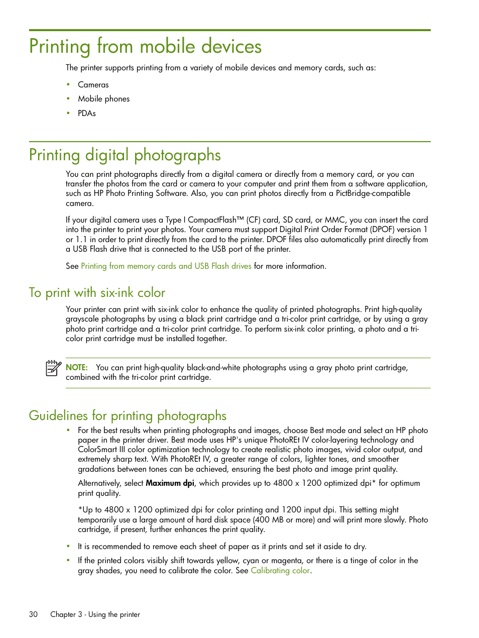 Printing from mobile devices, Printing digital photographs, Guidelines for printing photographs | HP Deskjet 460cb Mobile Printer User Manual | Page 30 / 132