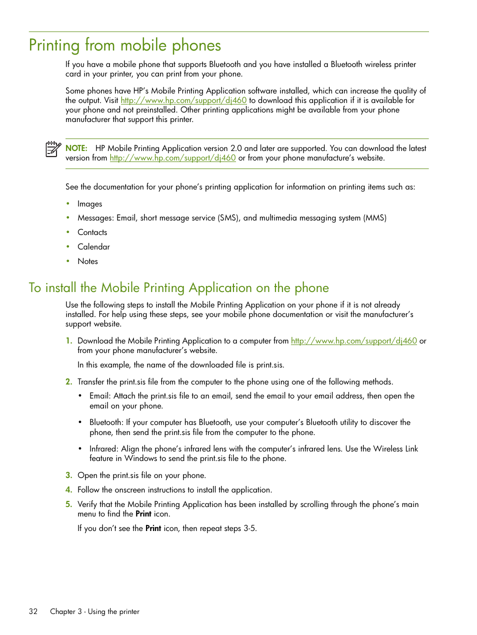 Printing from mobile phones | HP Deskjet 460cb Mobile Printer User Manual | Page 32 / 132
