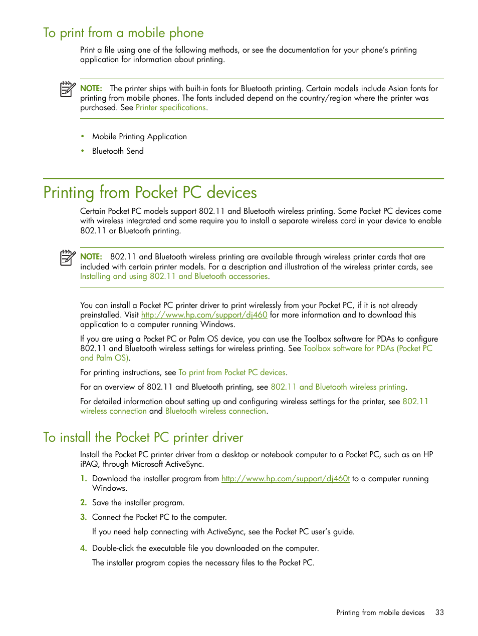 Printing from pocket pc devices | HP Deskjet 460cb Mobile Printer User Manual | Page 33 / 132