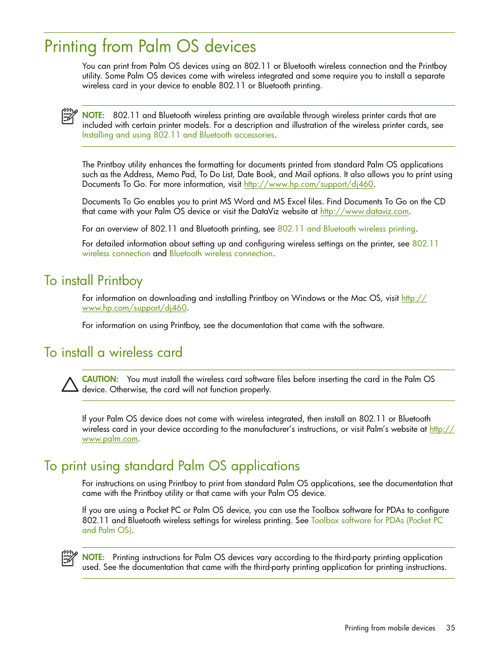 Printing from palm os devices | HP Deskjet 460cb Mobile Printer User Manual | Page 35 / 132