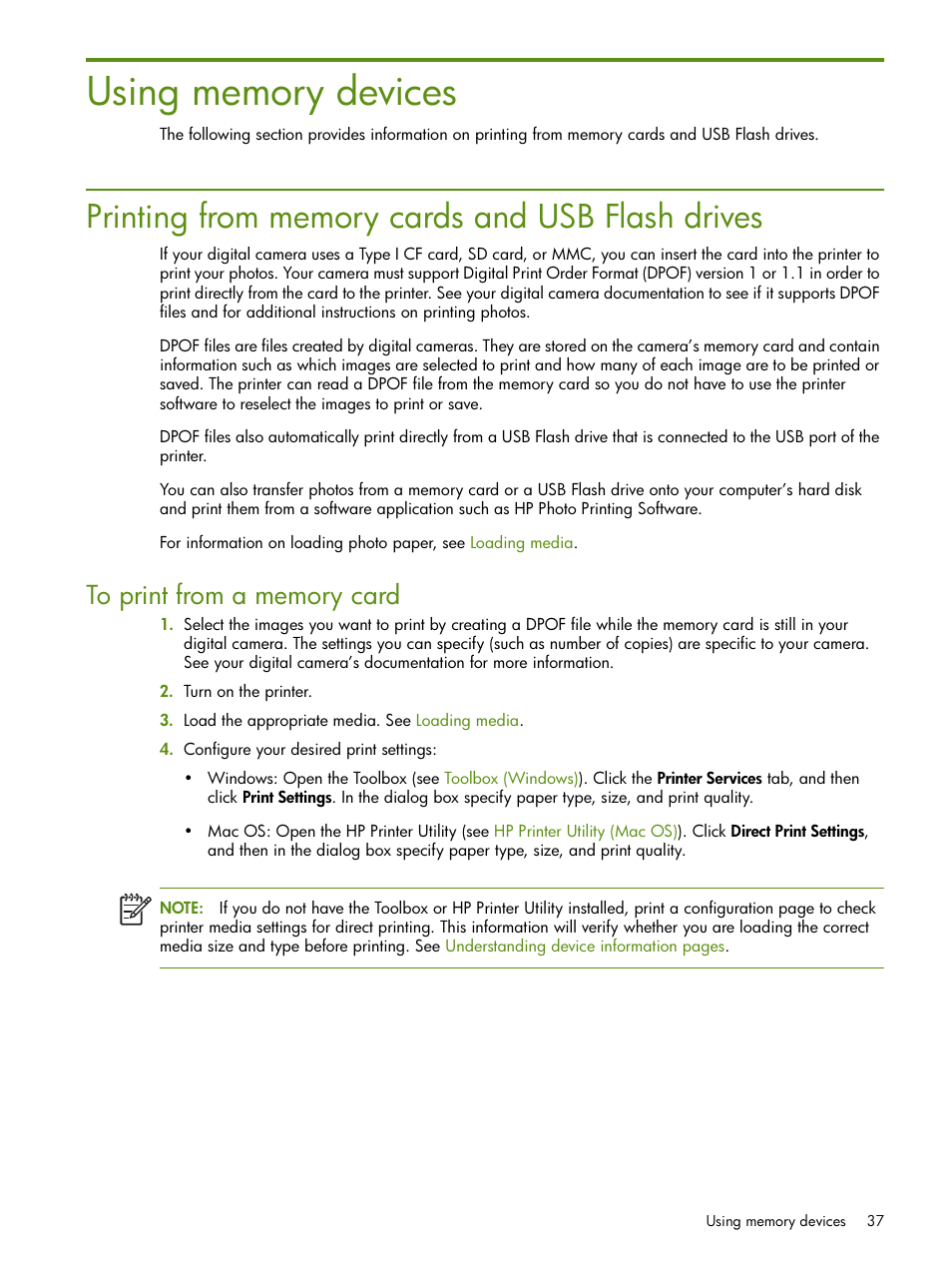 Using memory devices, Printing from memory cards and usb flash drives | HP Deskjet 460cb Mobile Printer User Manual | Page 37 / 132