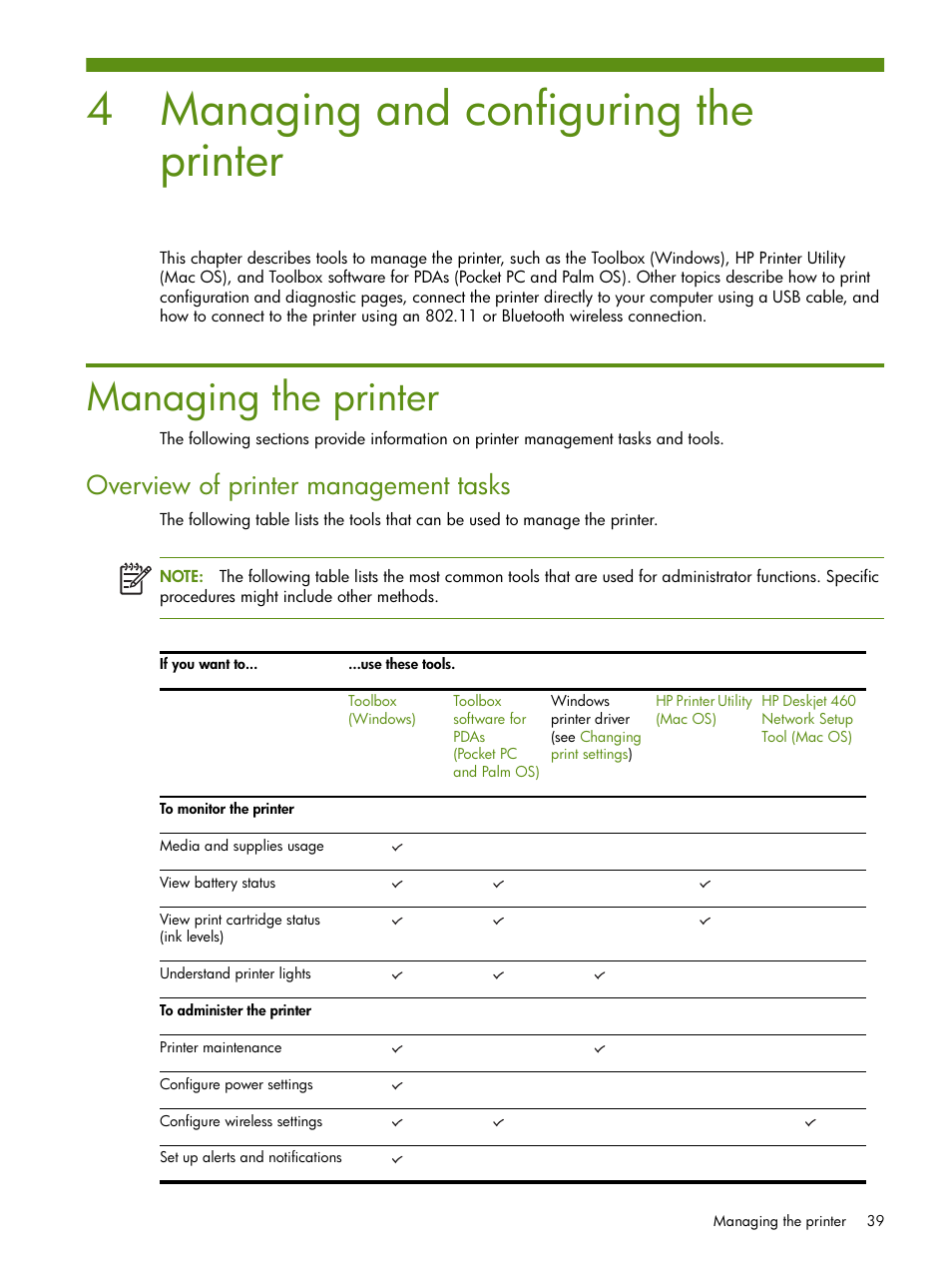 Managing and configuring the printer, Managing the printer, 4 managing and configuring the printer | Overview of printer management tasks | HP Deskjet 460cb Mobile Printer User Manual | Page 39 / 132