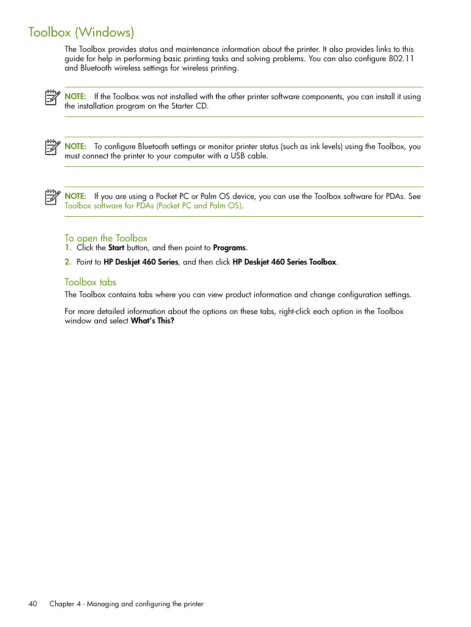 Toolbox (windows) | HP Deskjet 460cb Mobile Printer User Manual | Page 40 / 132