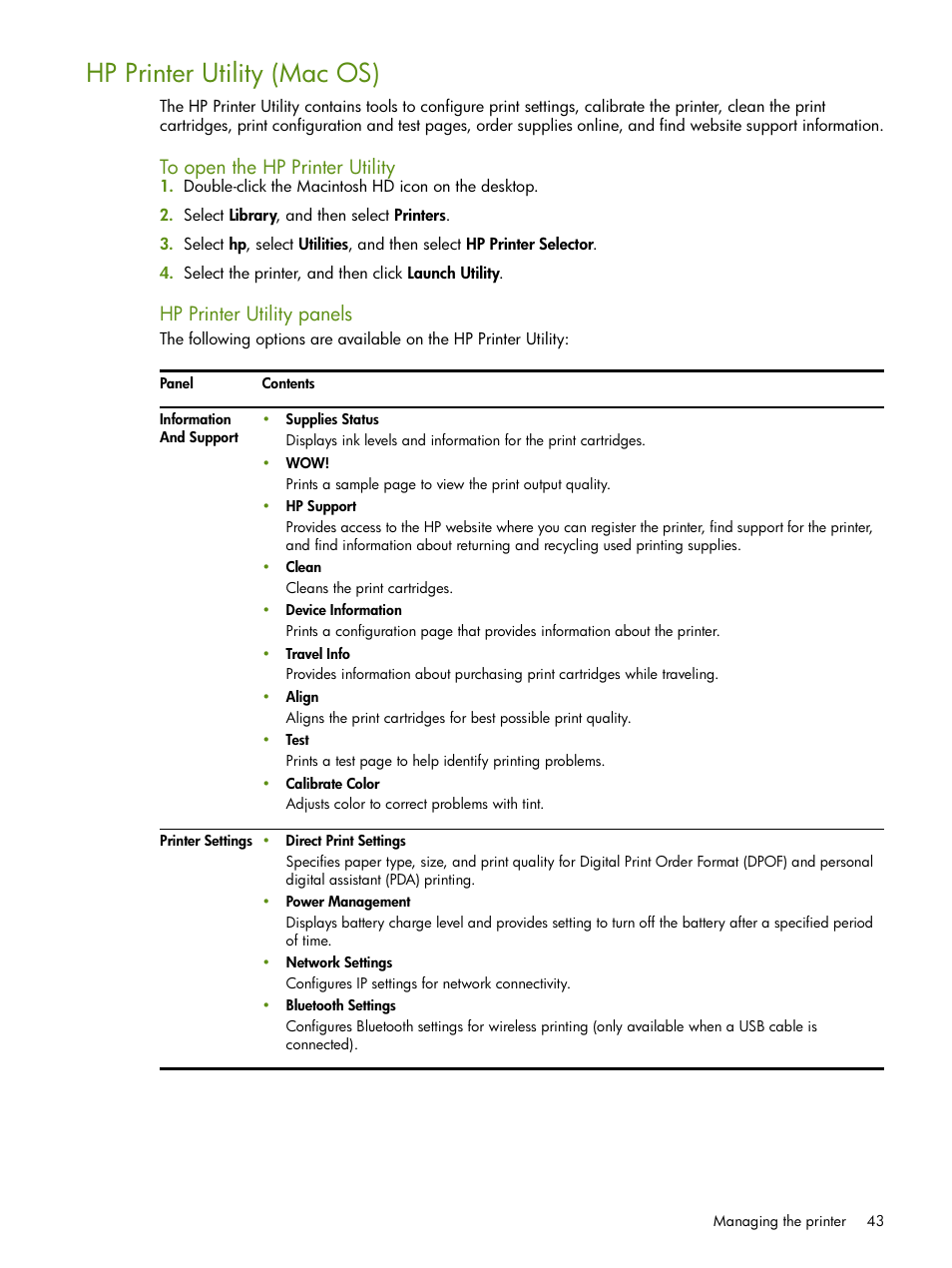 Hp printer utility (mac os), Hp printer utility panels | HP Deskjet 460cb Mobile Printer User Manual | Page 43 / 132