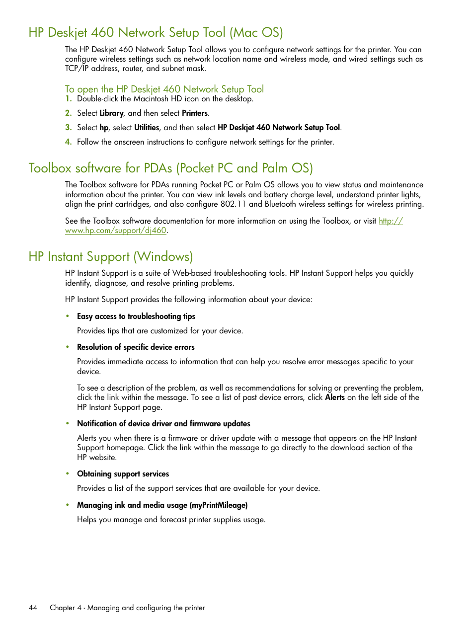 Toolbox software for pdas (pocket pc, And palm os), Hp instant support (windows) | Toolbox, Software for pdas (pocket pc and palm os), Toolbox software for pdas, Pocket pc and palm os), Toolbox software for pdas (pocket pc and palm os), Hp deskjet 460 network setup tool (mac os) | HP Deskjet 460cb Mobile Printer User Manual | Page 44 / 132