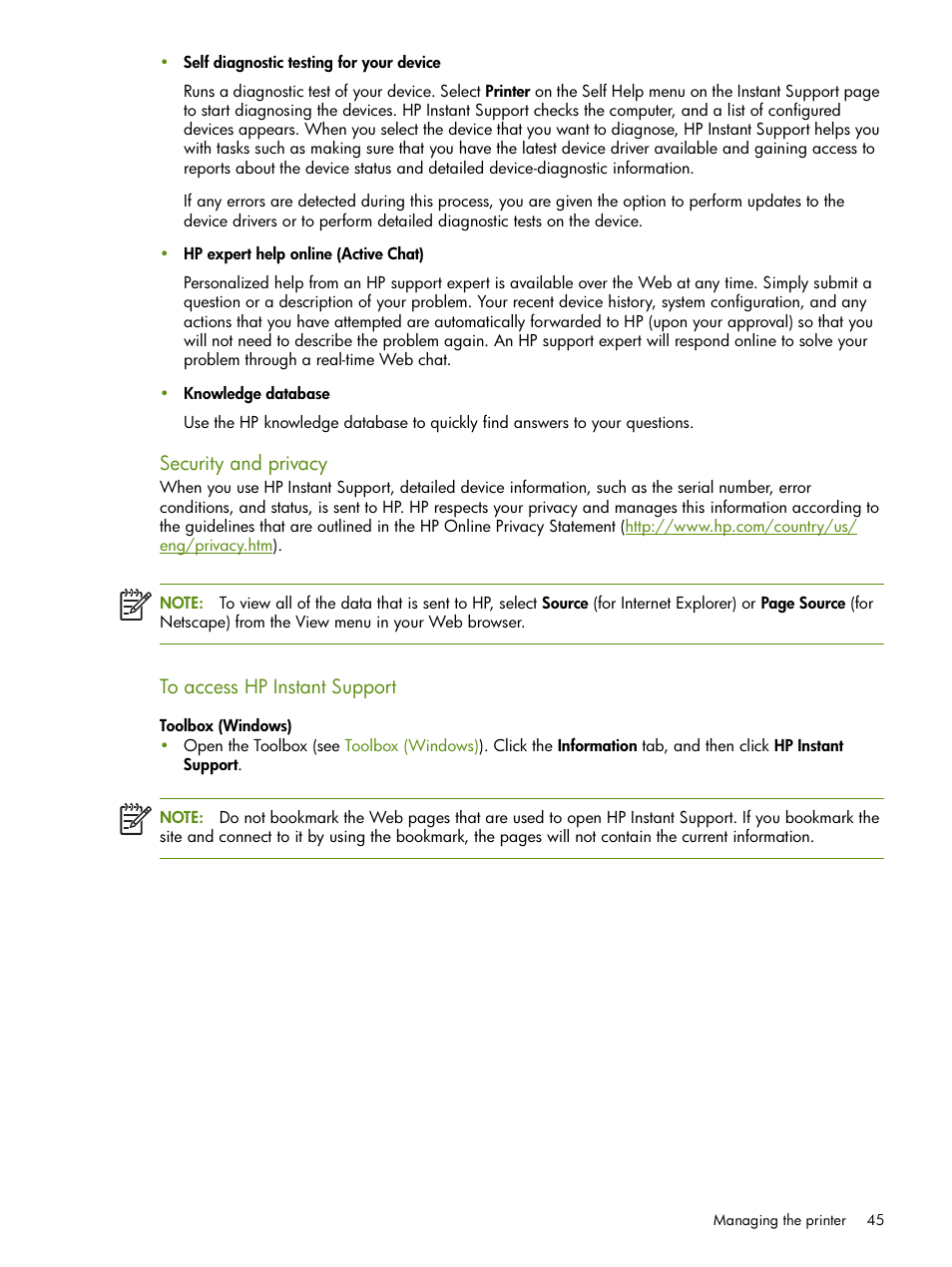 Security and privacy | HP Deskjet 460cb Mobile Printer User Manual | Page 45 / 132