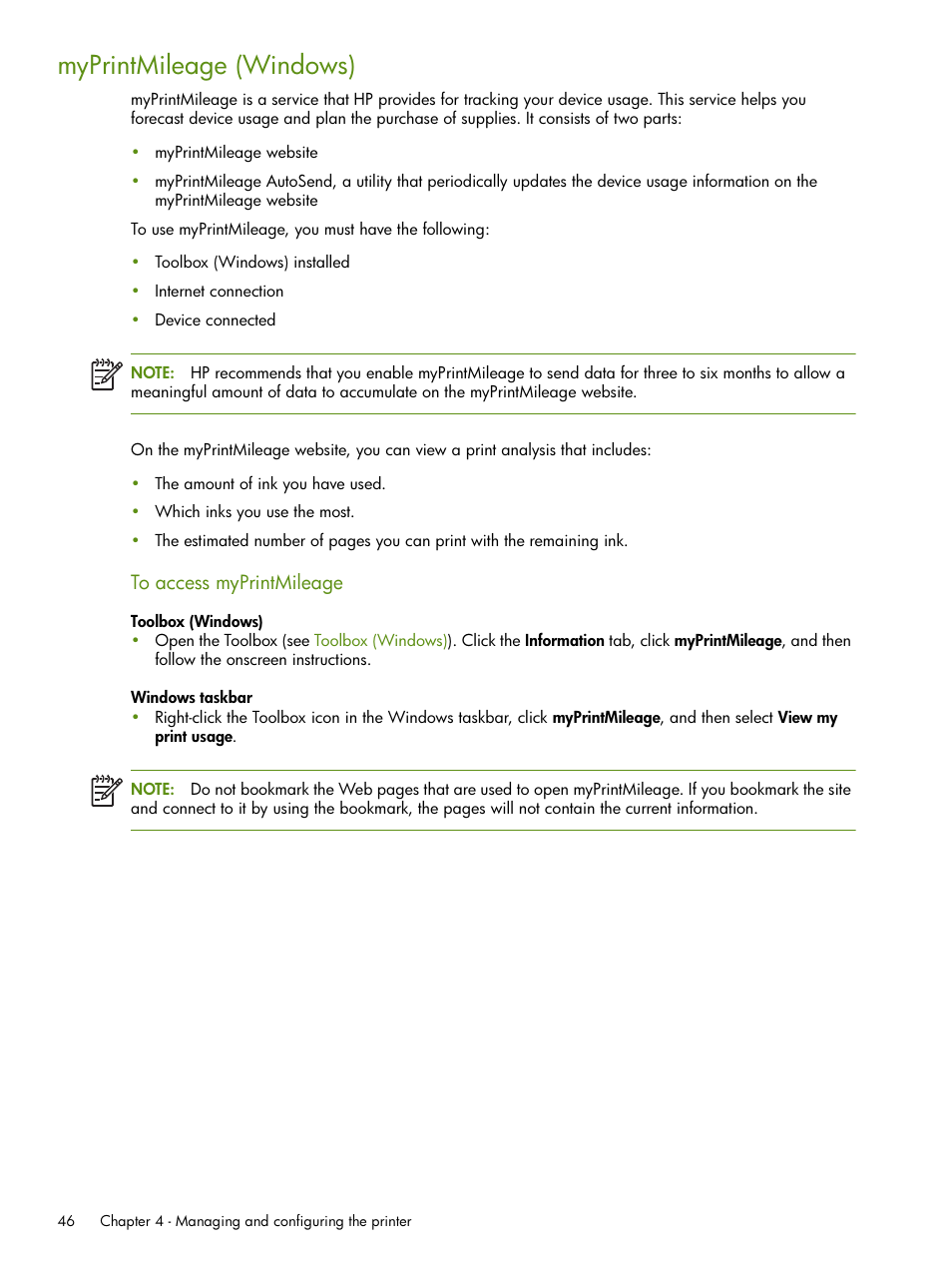 Myprintmileage (windows) | HP Deskjet 460cb Mobile Printer User Manual | Page 46 / 132
