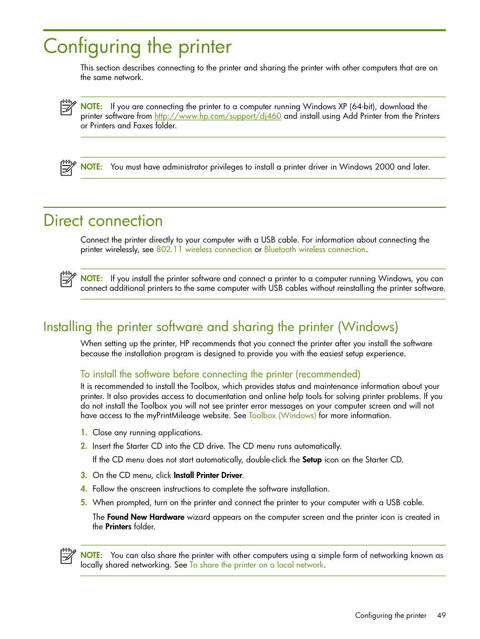 Configuring the printer, Direct connection | HP Deskjet 460cb Mobile Printer User Manual | Page 49 / 132