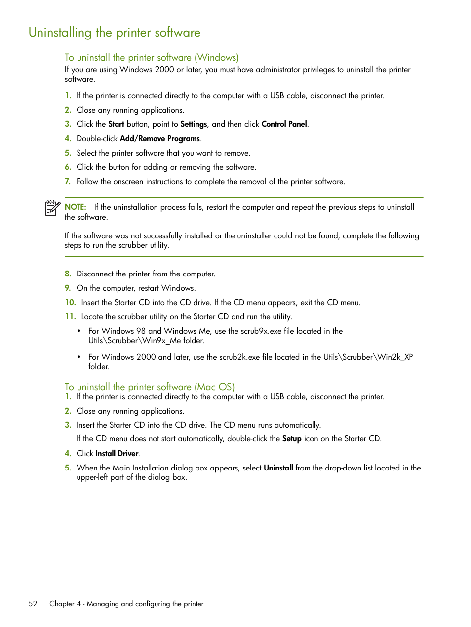 Uninstalling the printer software | HP Deskjet 460cb Mobile Printer User Manual | Page 52 / 132