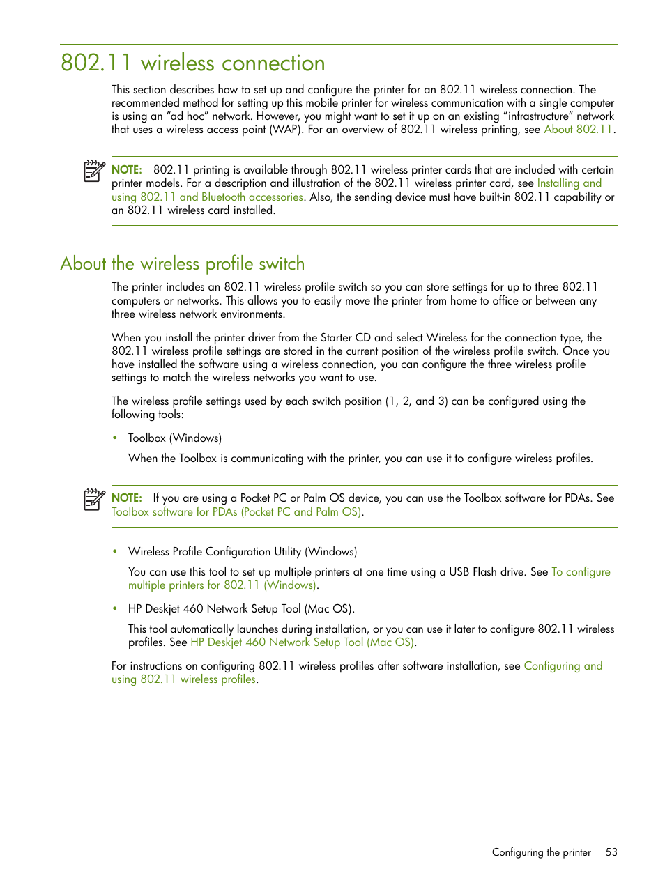 11 wireless connection, Wireless connection, About the wireless profile switch | HP Deskjet 460cb Mobile Printer User Manual | Page 53 / 132