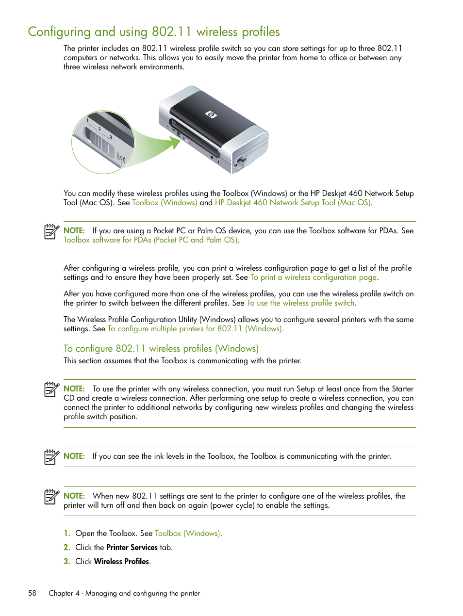 Configuring and, Using 802.11 wireless profiles, Configuring and using 802.11 wireless | Profiles | HP Deskjet 460cb Mobile Printer User Manual | Page 58 / 132