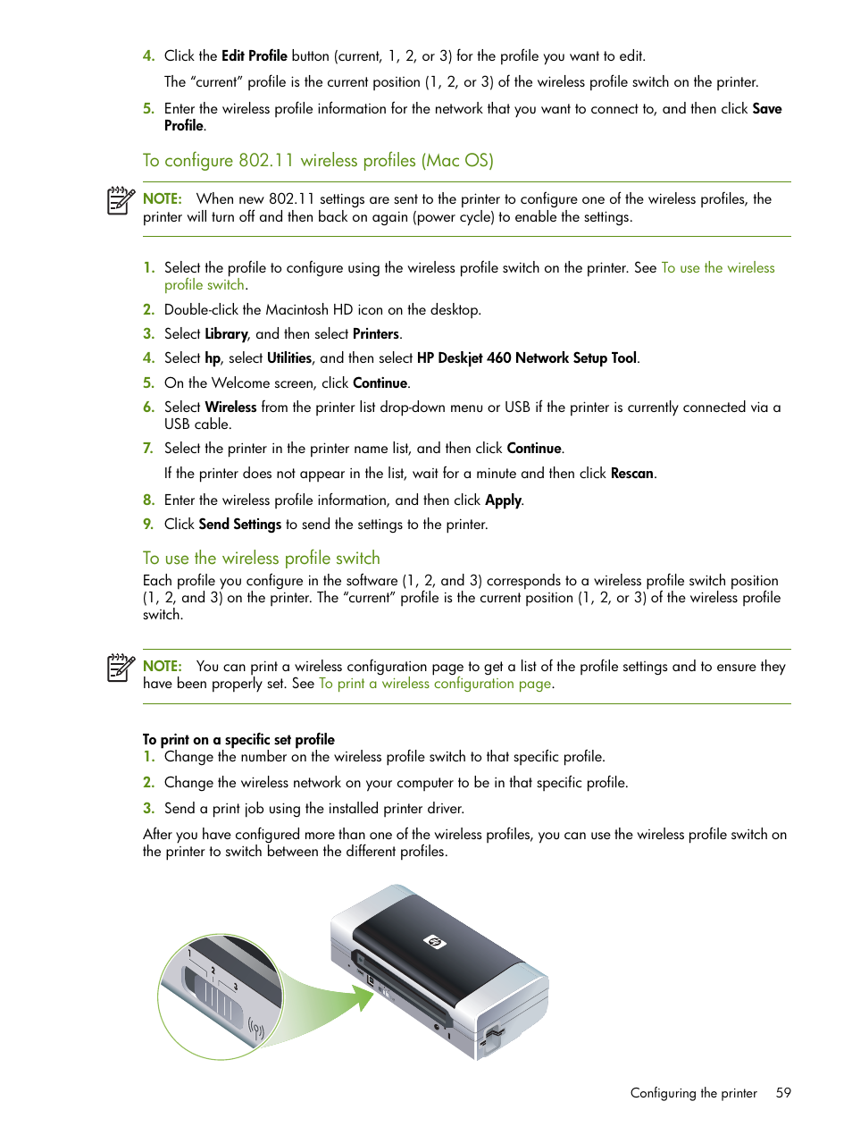 To use the wireless profile switch | HP Deskjet 460cb Mobile Printer User Manual | Page 59 / 132