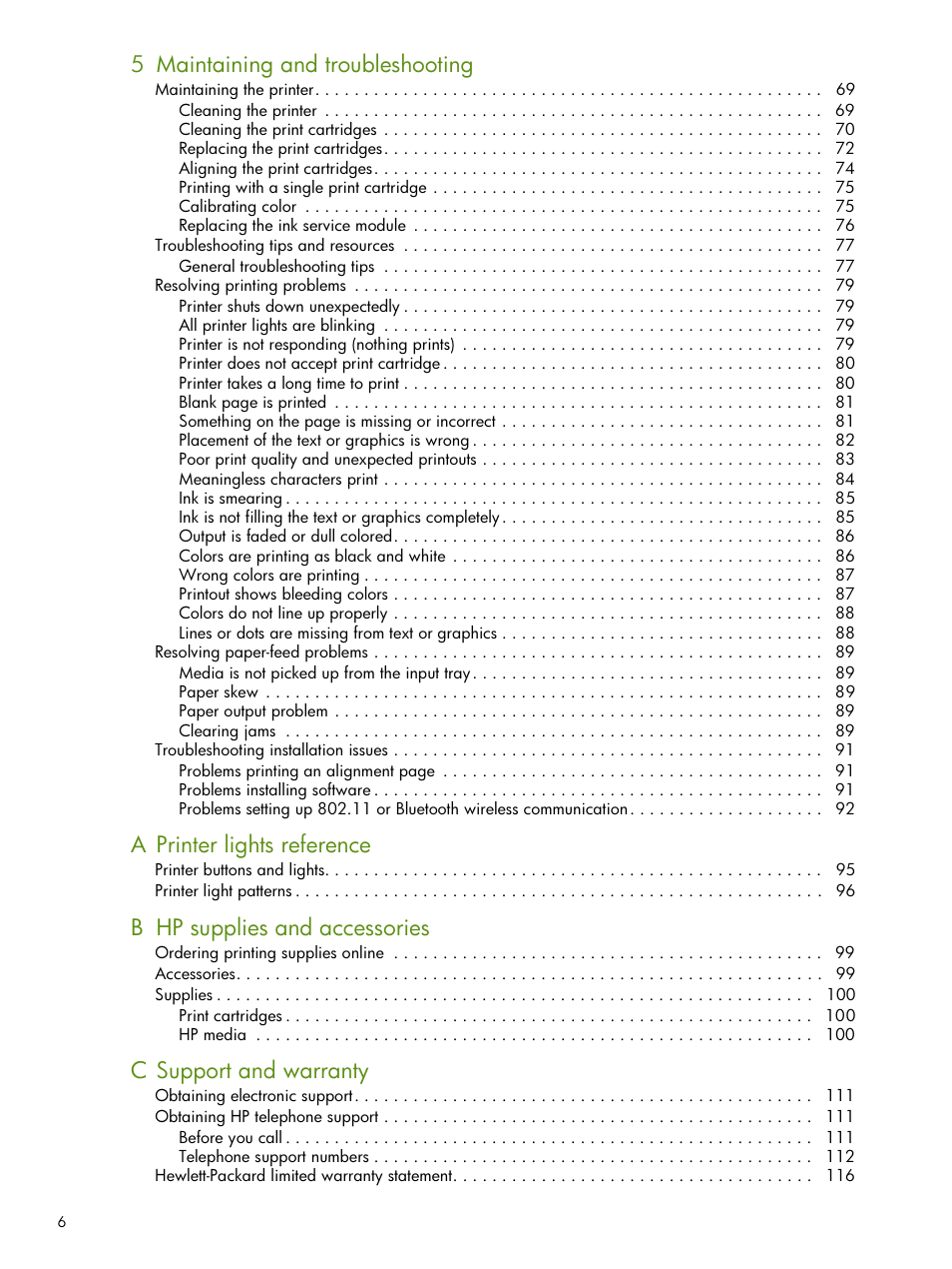 5 maintaining and troubleshooting, A printer lights reference, B hp supplies and accessories | C support and warranty | HP Deskjet 460cb Mobile Printer User Manual | Page 6 / 132