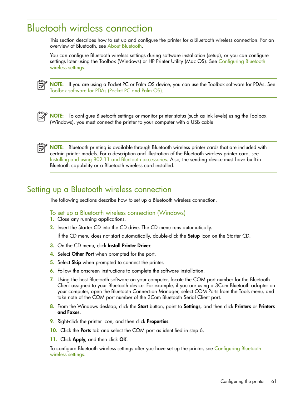 Bluetooth wireless connection, Setting up a bluetooth wireless connection | HP Deskjet 460cb Mobile Printer User Manual | Page 61 / 132