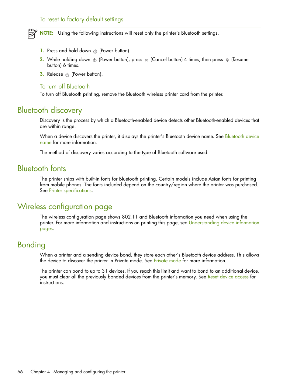 Bluetooth discovery, Bluetooth fonts, Wireless configuration page | Bonding | HP Deskjet 460cb Mobile Printer User Manual | Page 66 / 132