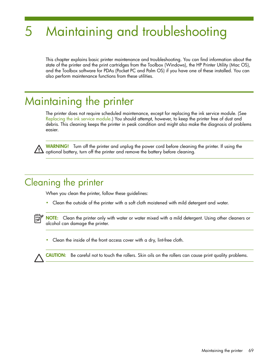 Maintaining and troubleshooting, Maintaining the printer, Cleaning the printer | 5 maintaining and troubleshooting | HP Deskjet 460cb Mobile Printer User Manual | Page 69 / 132