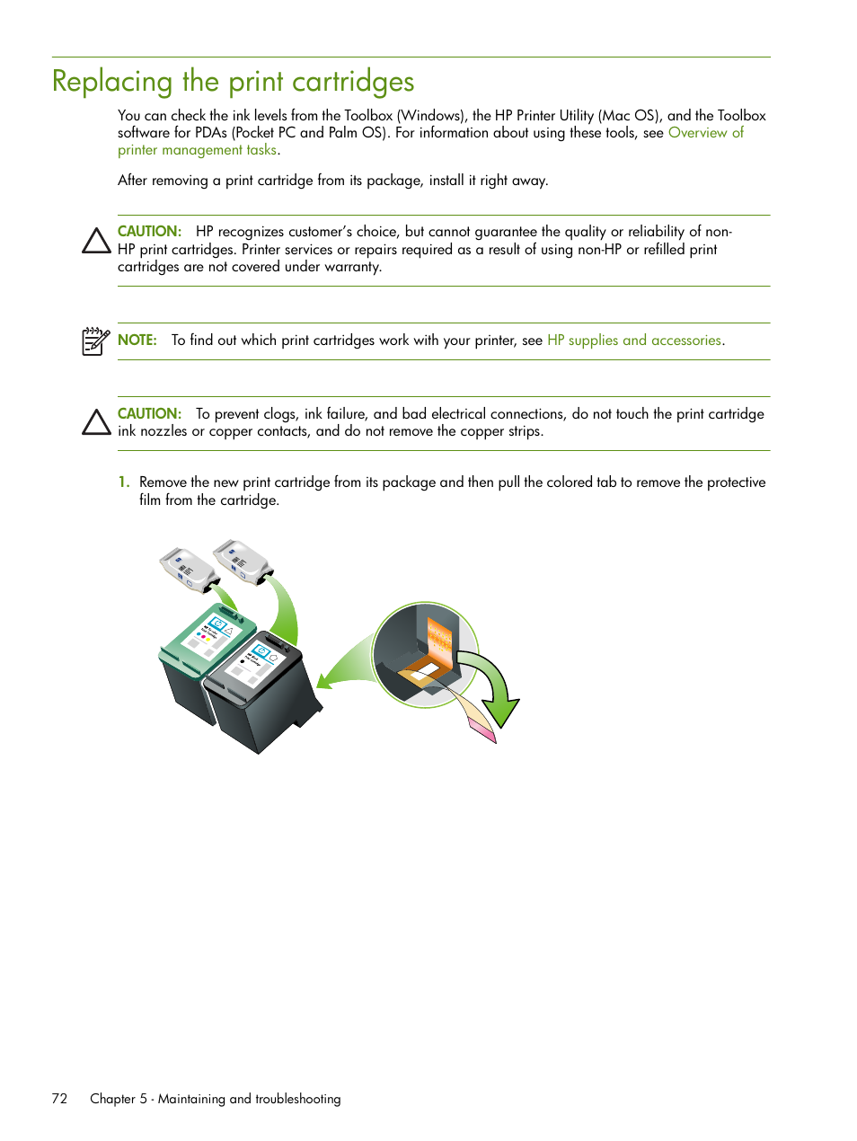 Replacing the print cartridges | HP Deskjet 460cb Mobile Printer User Manual | Page 72 / 132