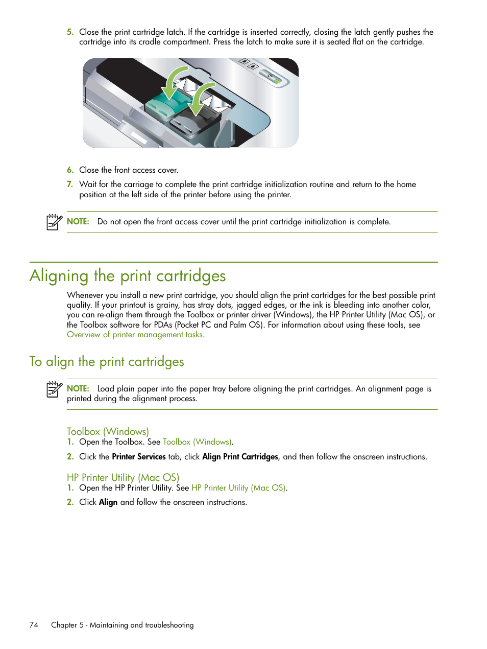 Aligning the print cartridges | HP Deskjet 460cb Mobile Printer User Manual | Page 74 / 132