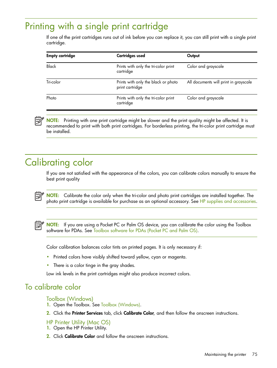 Printing with a single print cartridge, Calibrating color | HP Deskjet 460cb Mobile Printer User Manual | Page 75 / 132