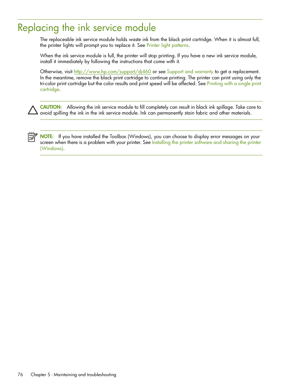 Replacing the ink service module | HP Deskjet 460cb Mobile Printer User Manual | Page 76 / 132