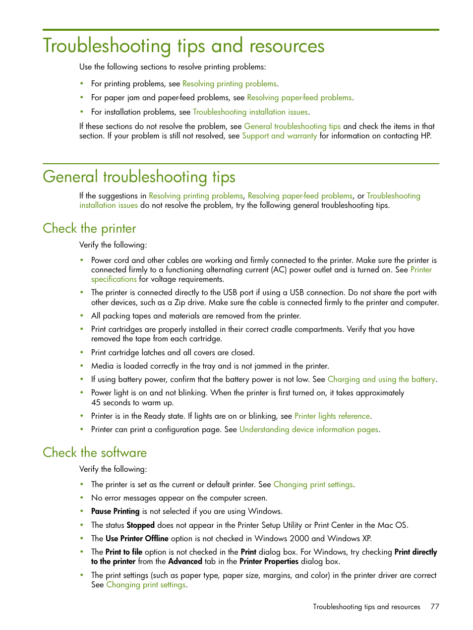 Troubleshooting tips and resources, General troubleshooting tips, Check the printer | Check the software | HP Deskjet 460cb Mobile Printer User Manual | Page 77 / 132