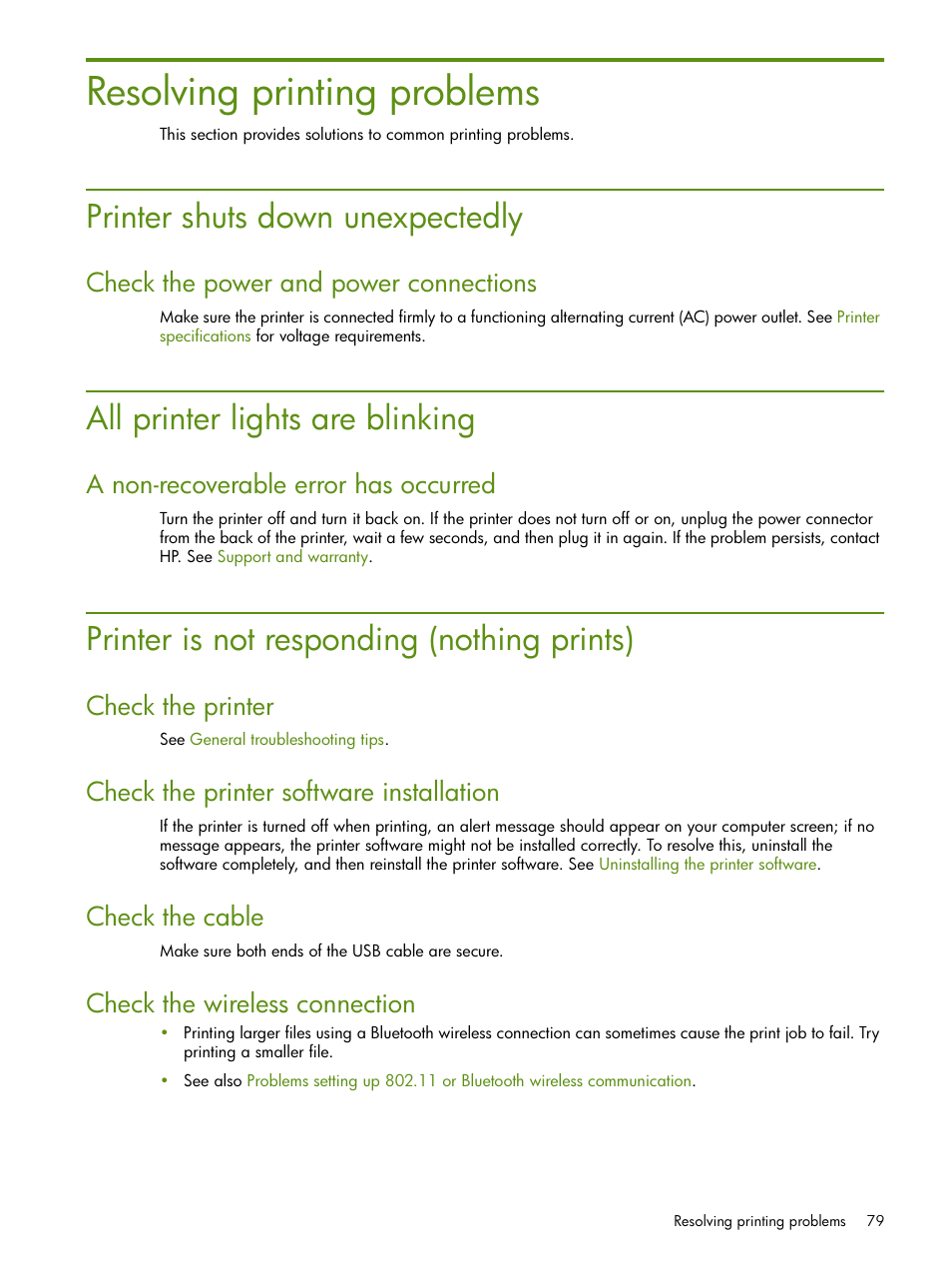 Resolving printing problems, Printer shuts down unexpectedly, All printer lights are blinking | Printer is not responding (nothing prints), Check the power and power connections, A non-recoverable error has occurred, Check the printer, Check the printer software installation, Check the cable, Check the wireless connection | HP Deskjet 460cb Mobile Printer User Manual | Page 79 / 132