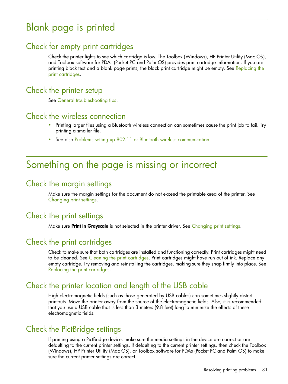 Blank page is printed, Something on the page is missing or incorrect, Check for empty print cartridges | Check the printer setup, Check the wireless connection, Check the margin settings, Check the print settings, Check the print cartridges, Check the pictbridge settings | HP Deskjet 460cb Mobile Printer User Manual | Page 81 / 132